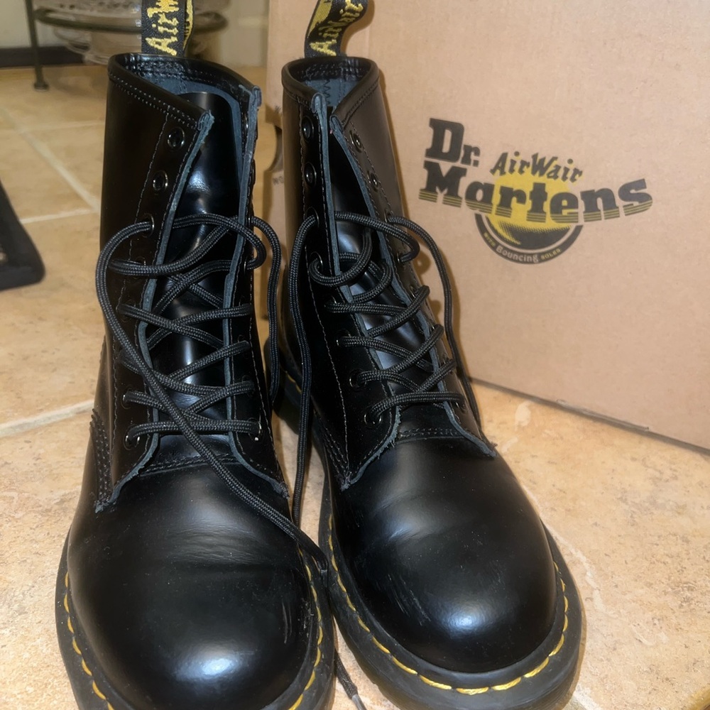 Dr. Martens 1460 Smooth Black Boots with Yellow Stitching